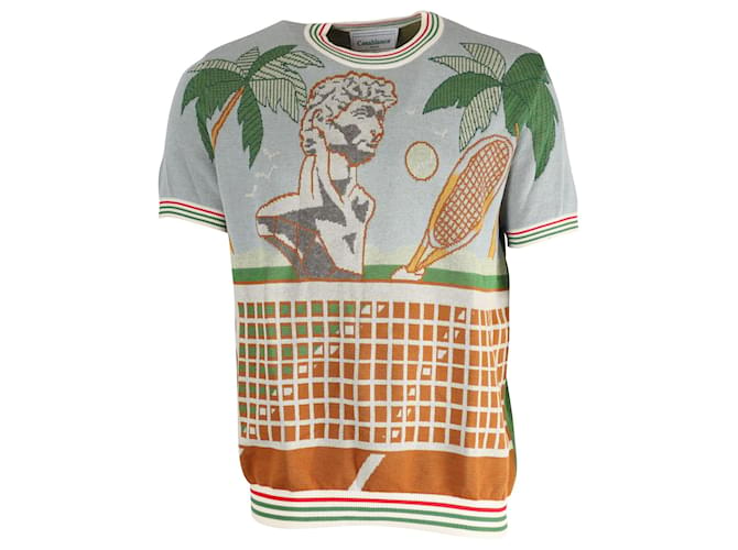 Autre Marque Strick-T-Shirt mit Casablanca-Tennisplatz-Print aus mehrfarbiger Baumwolle Blau  ref.753999
