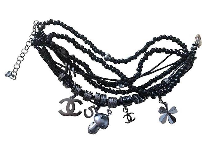 Chanel Esposas Negro Plata Metal Perla  ref.754024