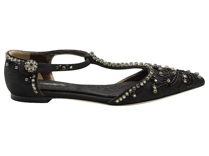 Dolce & Gabbana Kristallverzierte T-Strap-Sandalen mit Spitze aus schwarzem Leder  ref.754058