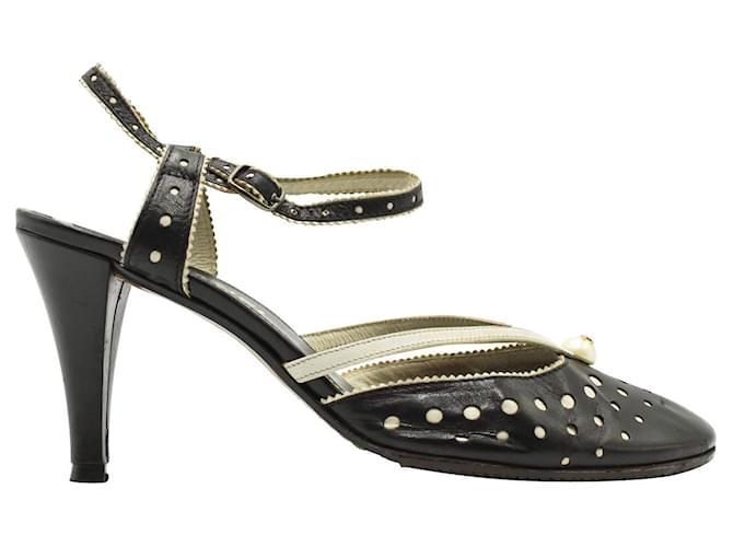 Chanel Black Laser Cut Heels with Faux Pearls Leather  ref.754158