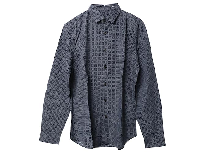 Prada Microprint Long Sleeve Button-up Shirt in Navy Blue Cotton  ref.754209