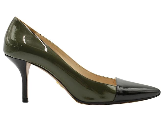 Prada Olive Green and Black Patent Leather Heels  ref.754254