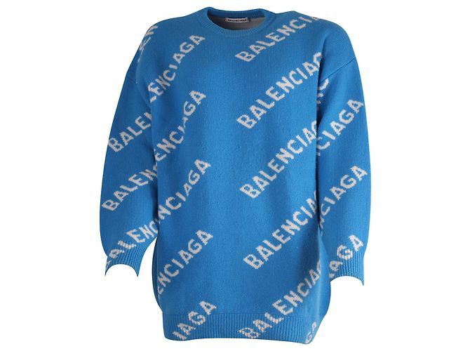 Balenciaga Strickpullover mit Logo-Print aus blauer Wolle