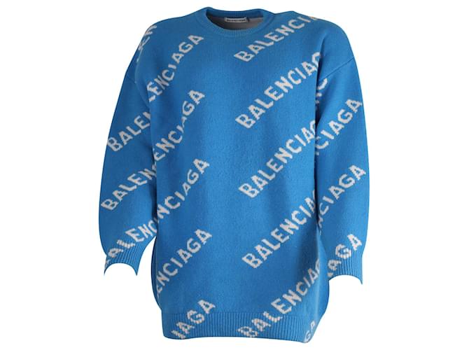 Maglione Balenciaga in maglia con stampa logo in lana blu  ref.754266