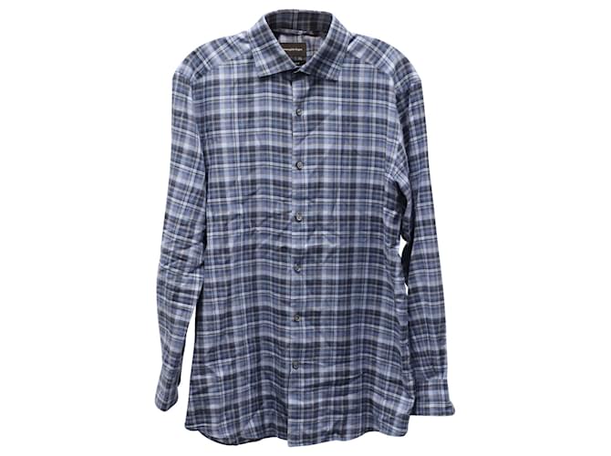 Ermenegildo Zegna Plaid Dress Shirt in Blue Print Cotton  ref.754283