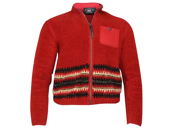 Ralph Lauren Canvas Trimmed Intarsia Fleece Jacket in Red Polyester  ref.754317
