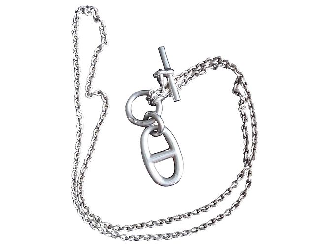 Hermès Colar de prata FARANDOLE com pingente de malha de âncora da Marinha Hardware prateado