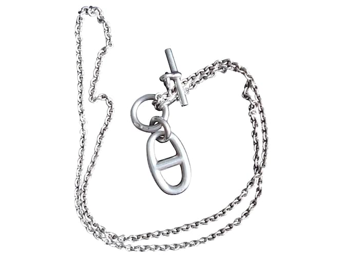 Hermès Collar de plata FARANDOLE con colgante de malla de ancla azul marino Hardware de plata 