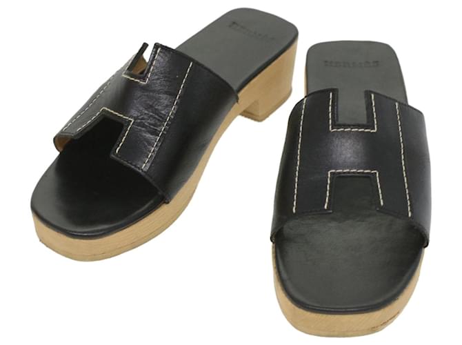 Hermès HERMES Oran Sandals Leather Black Auth 33993  ref.755304