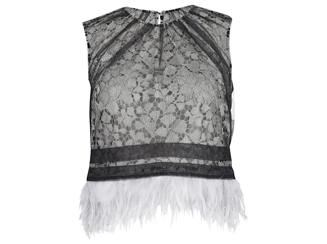 Self portrait Self-Portrait Lace Tulle Overlay Feather Trim Top in Black Polyamide   ref.755663