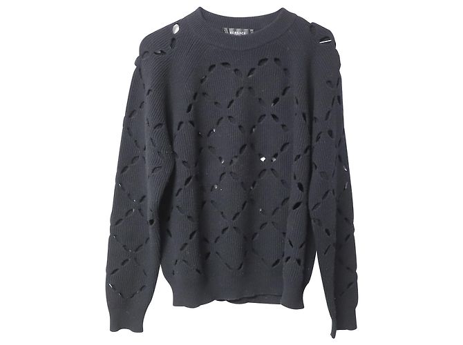 Versace Pullover mit Laserausschnitt aus schwarzer Wolle 