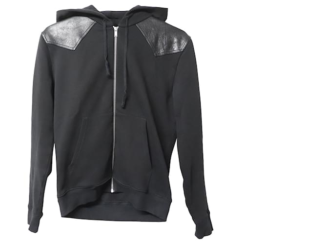 Saint Laurent Veste zippée à capuche avec détails en cuir en coton noir  ref.755760