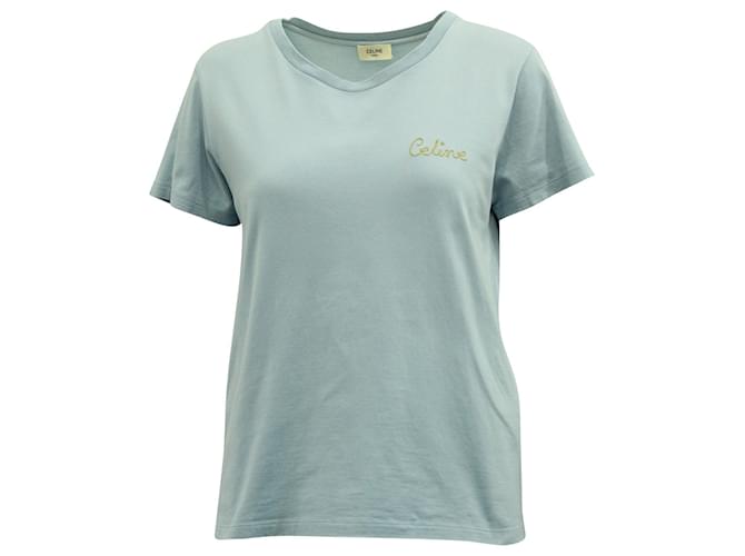 Céline Celine Gold Logo Embroidery T-shirt in Light Blue Cotton  ref.755769