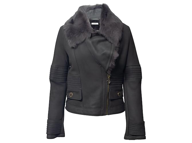 Versace Shearling Collar Jacket in Grey Leather  ref.755833