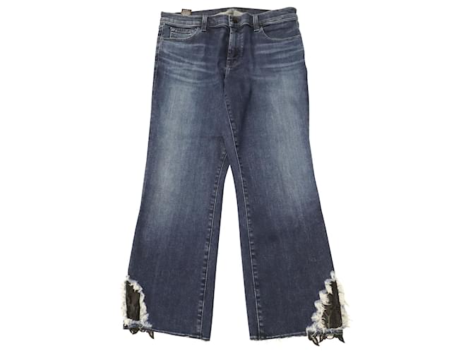 J Brand Jeans Cropped Cintura Média com Bainha de Renda em Algodão Azul  ref.755845