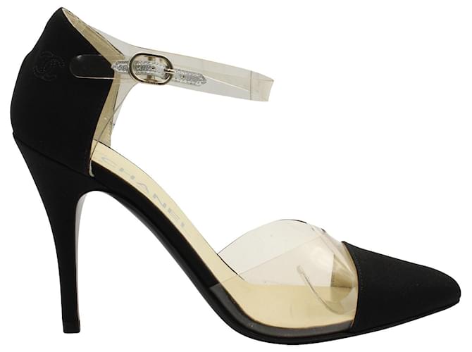 Sandali con cinturino alla caviglia Chanel con PVC in raso nero  ref.755903
