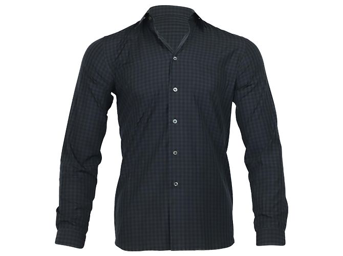 Camicia Prada Button Down a Quadri in Cotone Blu 