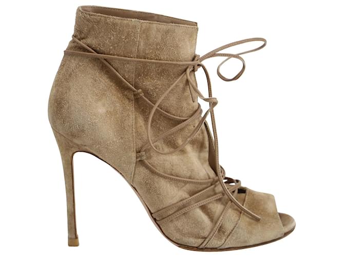 Gianvito Rossi Peep Toe Lace-Up Ankle Boots in Beige Suede   ref.756003