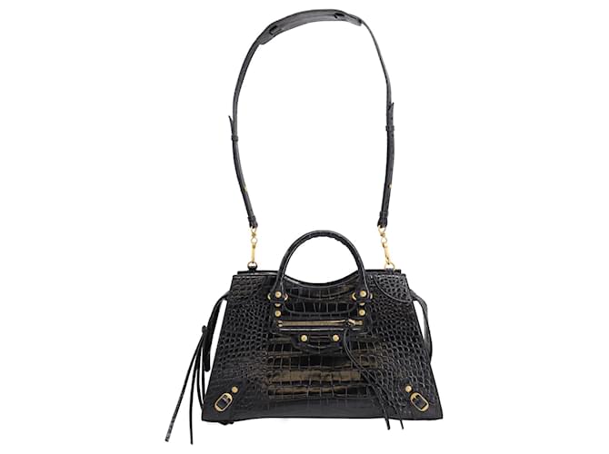 Balenciaga Neo Classic Croc Embossed Handbag in Black Patent Leather   ref.756005