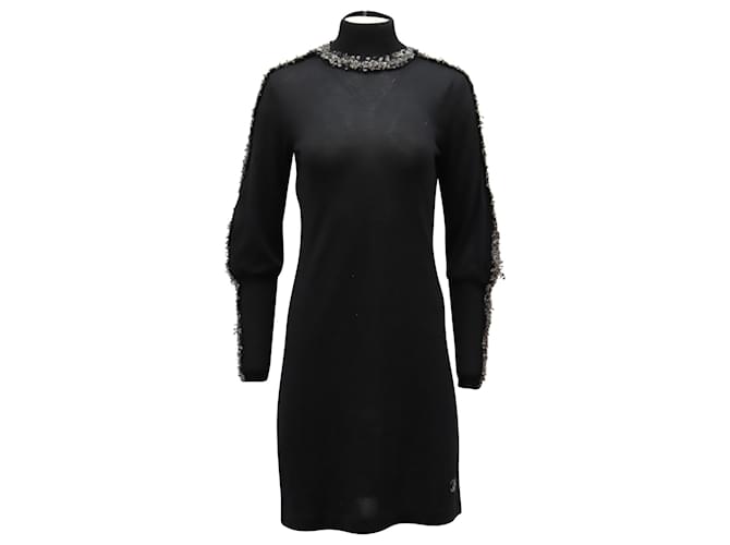 Vestido Chanel Gola Alta com Acabamento Tweed em Caxemira Preta Preto Casimira Lã  ref.756008