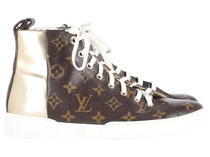 Stivali Louis Vuitton Monogram Stellar Sneaker con pannello in pelle verniciata dorata in pelle marrone  ref.756022