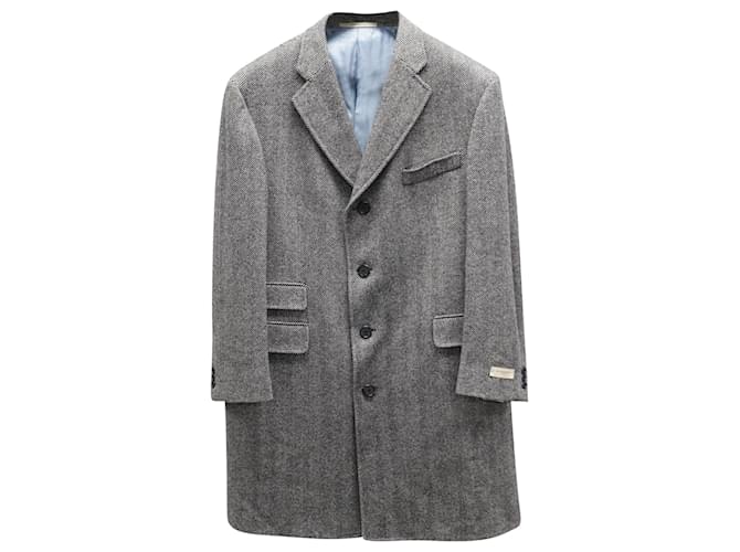 Burberry Herringbone Single-Breasted Topcoat in Grey Wool  ref.756101