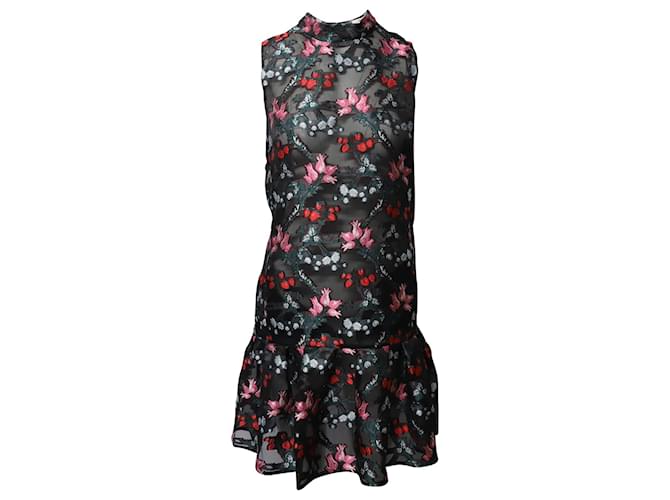 Erdem Ruffled Hem Embroidered Floral Shift Dress in Black Polyester  ref.756154