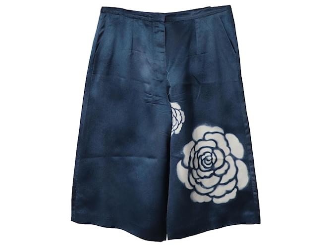 Miu Miu Rose Print Wide Cut Bermuda Shorts in Blue Silk  ref.756178