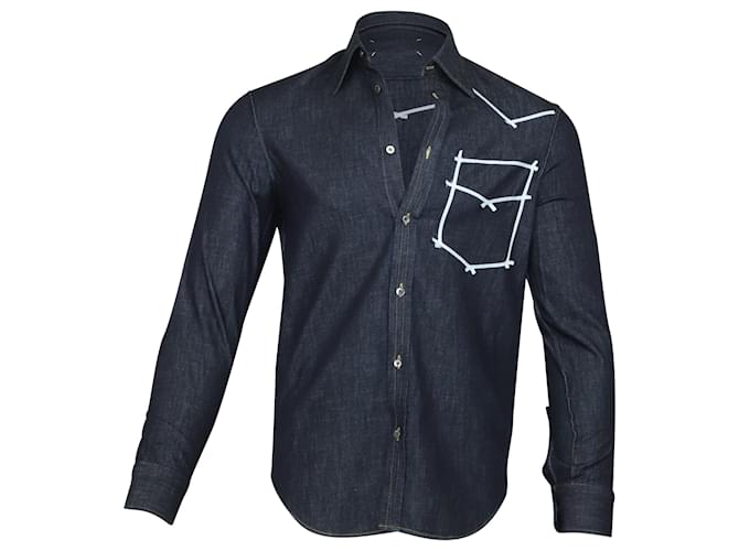 Camisa jeans contrastante Maison Martin Margiela em algodão azul marinho  ref.756248