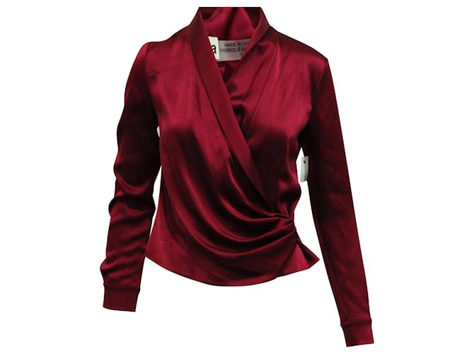 Alice + Olivia Long Sleeve Faux Wrap Blouse in Burgundy Silk Satin  Red Dark red  ref.756249