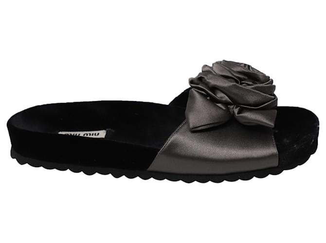 Miu Miu Rose Applique Sandals in Black Satin  ref.756258