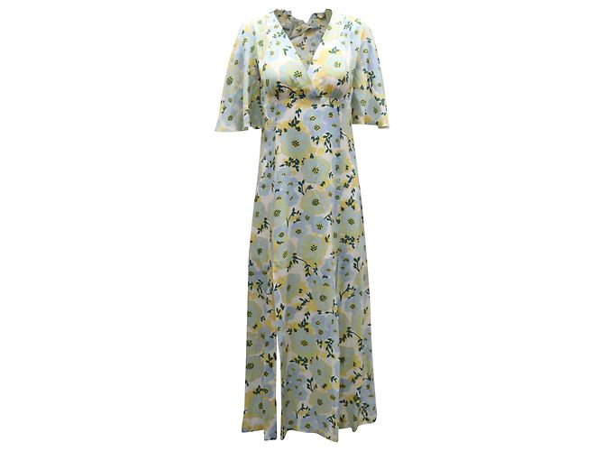 Abito longuette floreale con scollo a V e maniche a campana Sandro Paris in chiffon di seta celeste Blu Blu chiaro