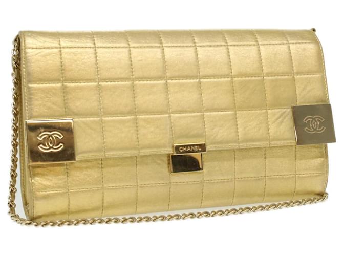 CHANEL Choco Bar linha bolsa de ombro corrente couro ouro CC Auth bs3477NO Dourado  ref.757026