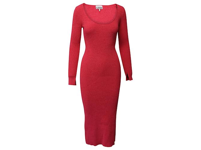 Ganni RIbbed Knit Long Sleeve Midi Dress in Red Wool  ref.757417