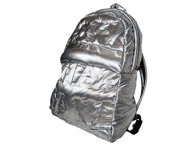 Chanel backpack silver embossed nylon canvas Silvery