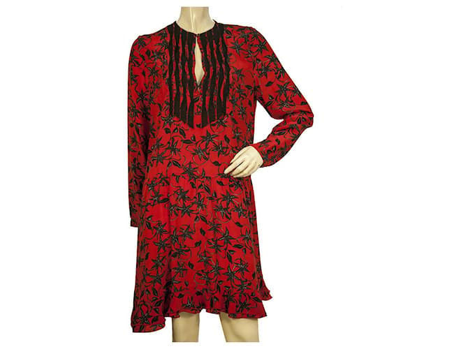 Zadig & Voltaire Remus Floral Print Red Black Ruffled 100% Silk Mini dress sz S  ref.758525