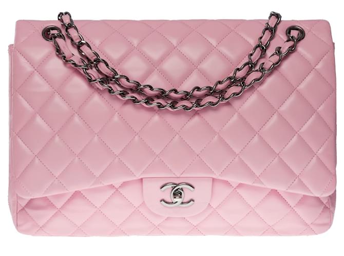 Classique Majestueux Sac à main Chanel Timeless Maxi Jumbo single flap bag en cuir d'agneau matelassé rose  ref.758865