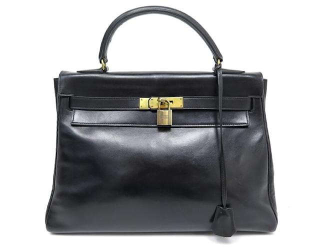Hermès VINTAGE SAC A MAIN HERMES KELLY 32 EN CUIR BOX NOIR RETOURNE LEATHER HAND BAG  ref.758884
