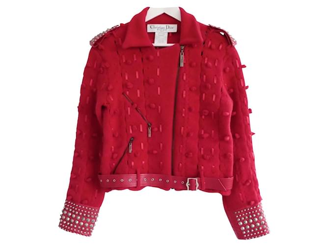 Christian Dior x Galliano AI04 Giacca da motociclista in lana rossa e pelle con borchie Rosso  ref.759714