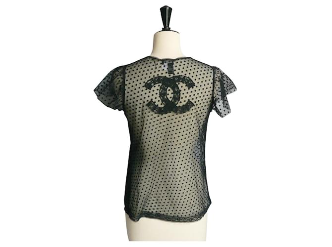 CHANEL Black mesh and lace blouse CHANEL T logo34 very good condition Cotton  ref.759769