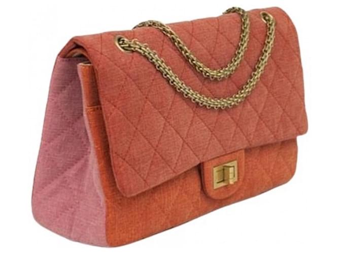 Chanel 2.55 reissue limited edition 2009/2010 tricolor orange, pink, and red denim 227 lined flap Classic bag with Gold hardware Multiple colors Peach Cotton Cloth  ref.762500