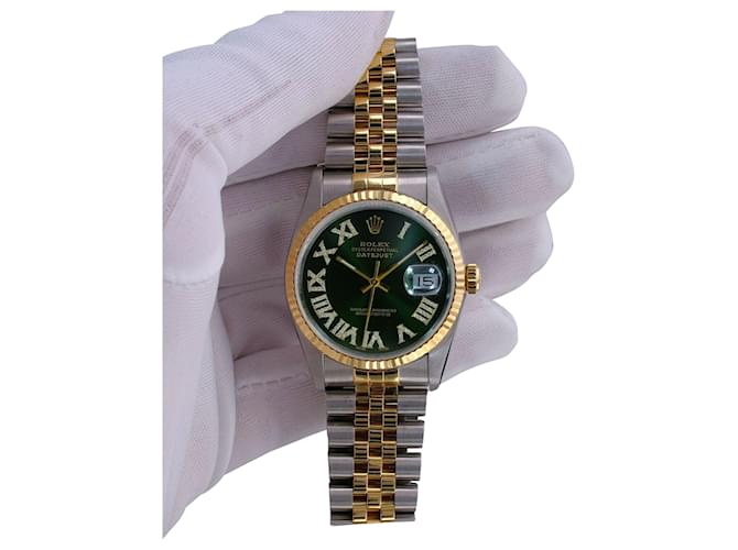 Rolex Herren Datejust zweifarbiges grünes Zifferblatt 16233 Wählen 18k Geriffelte Lünette 36mm Uhr Metall  ref.762884