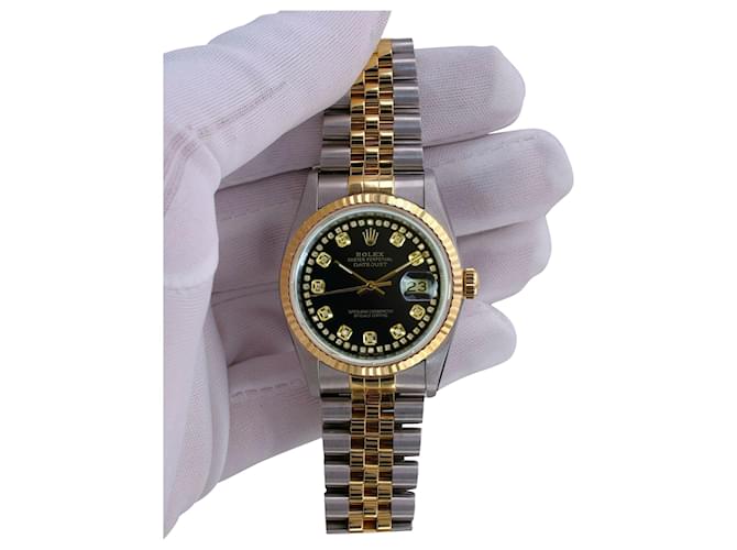 Rolex Herren Datejust zweifarbiges schwarzes Diamantzifferblatt 18k Geriffelte Lünette 36mm Uhr Metall  ref.762886