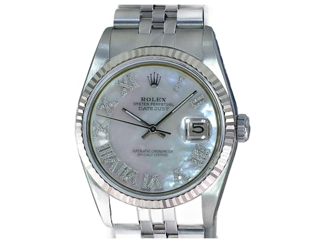 Rolex Mens Datejust Ss 36mm White Mop Diamond Dial Fluted Bezel Watch Ref 16014  Metal  ref.762889