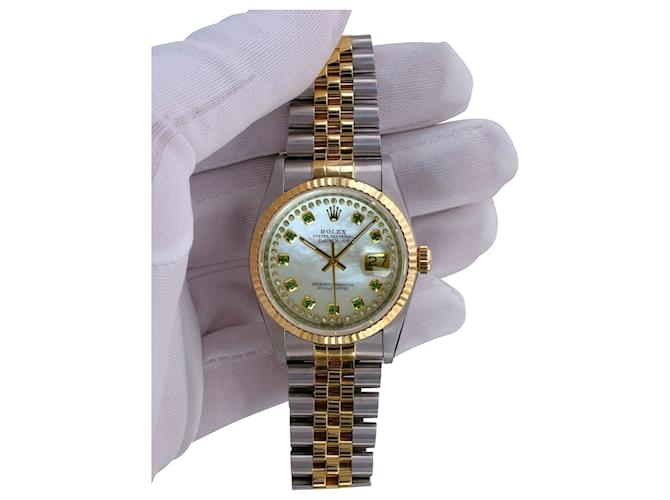 Relógio masculino Rolex Datejust branco em dois tons Esmeralda 18k Moldura canelada 36mm relógio Metal  ref.762907