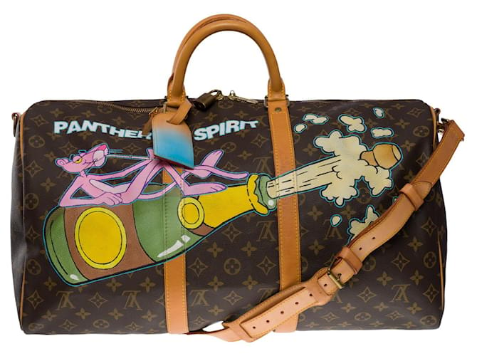 Eccezionale borsa da viaggio Louis Vuitton Keepall 50 tracolla in tela monogram marrone e pelle naturale personalizzata "PINK PANTHER SPIRIT" dell'artista di Street Art PatBo  ref.763792