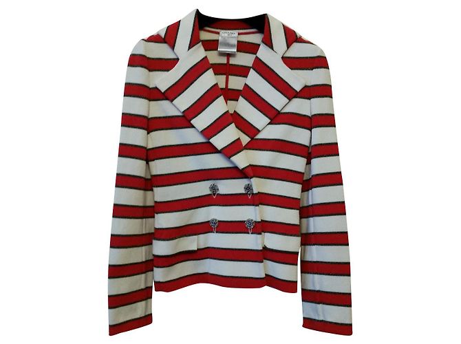 Giacca Chanel in maglia di cotone a righe Marrone Rosso Ecru Crema