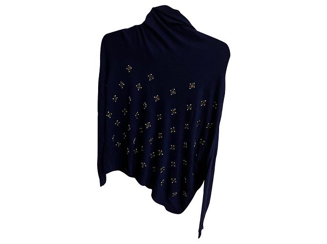 Pinko Asymmetrischer Pullover aus Wolle und Kaschmir in Blau mit Perlen