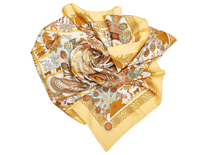 Hermès Hermes Yellow Decoupages Silk Scarf Cloth  ref.764022