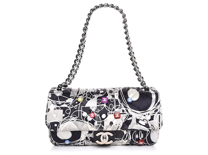 Rare Chanel 2008 Kaleidoworn Satin Quilted Classic Chain Timeless Flap Bag in Black, GREY, white, Multicolor size Medium Multiple colors Cream Dark grey Leather  ref.764442
